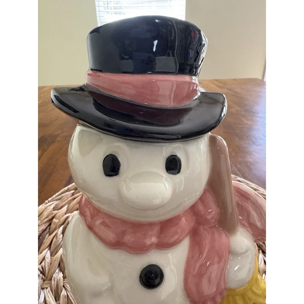 Care Inc 1976 Vintage Ceramic Snowman Figure Top Hat Pink Scarf Broom 9.5in